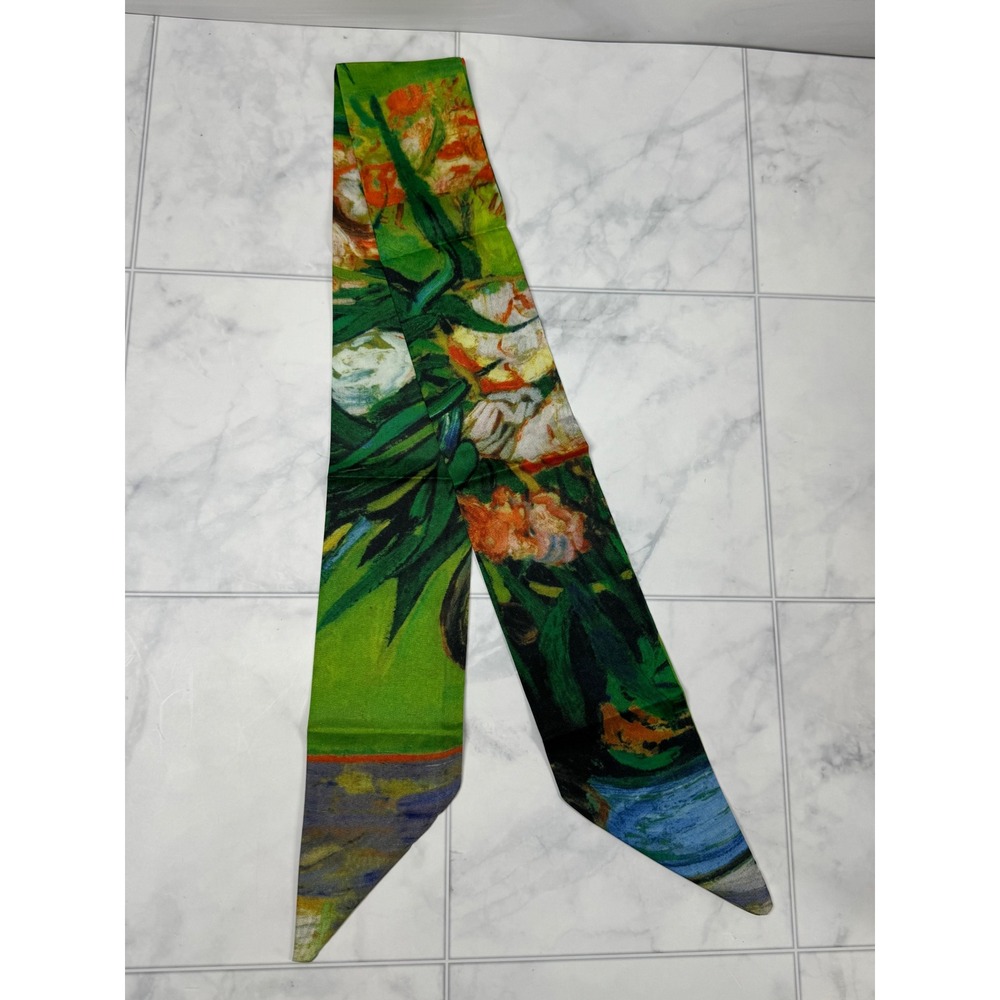 Impressionist Floral Skinny Scarf Green Orange Blue Purse Tie Headband New